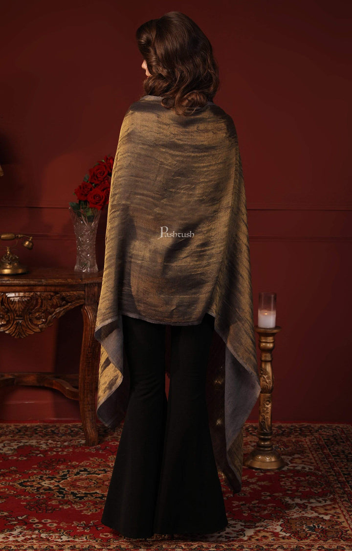 Pashtush India Womens Shawls Pashtush Womens, Extra Fine Wool, Twilight Shawl, With Shimmery Zari Thread Weave, Grey Gold