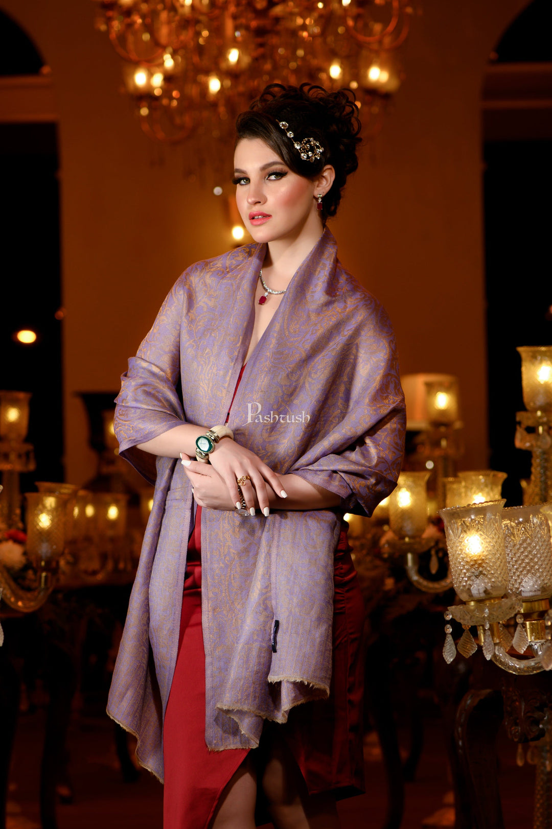 Pashtush India Womens Stoles and Scarves Scarf Pashtush Womens Extra Fine Wool twilight Stole With Zari Thread Weave, Grey