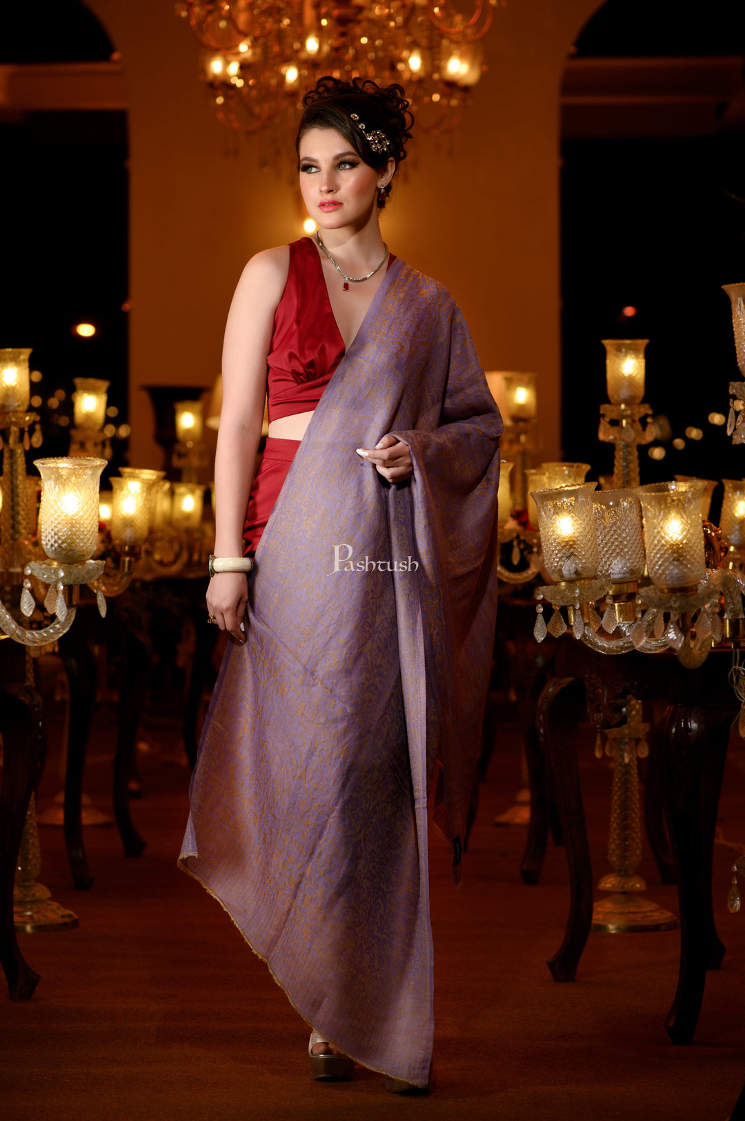 Pashtush India Womens Stoles and Scarves Scarf Pashtush Womens Extra Fine Wool twilight Stole With Zari Thread Weave, Grey