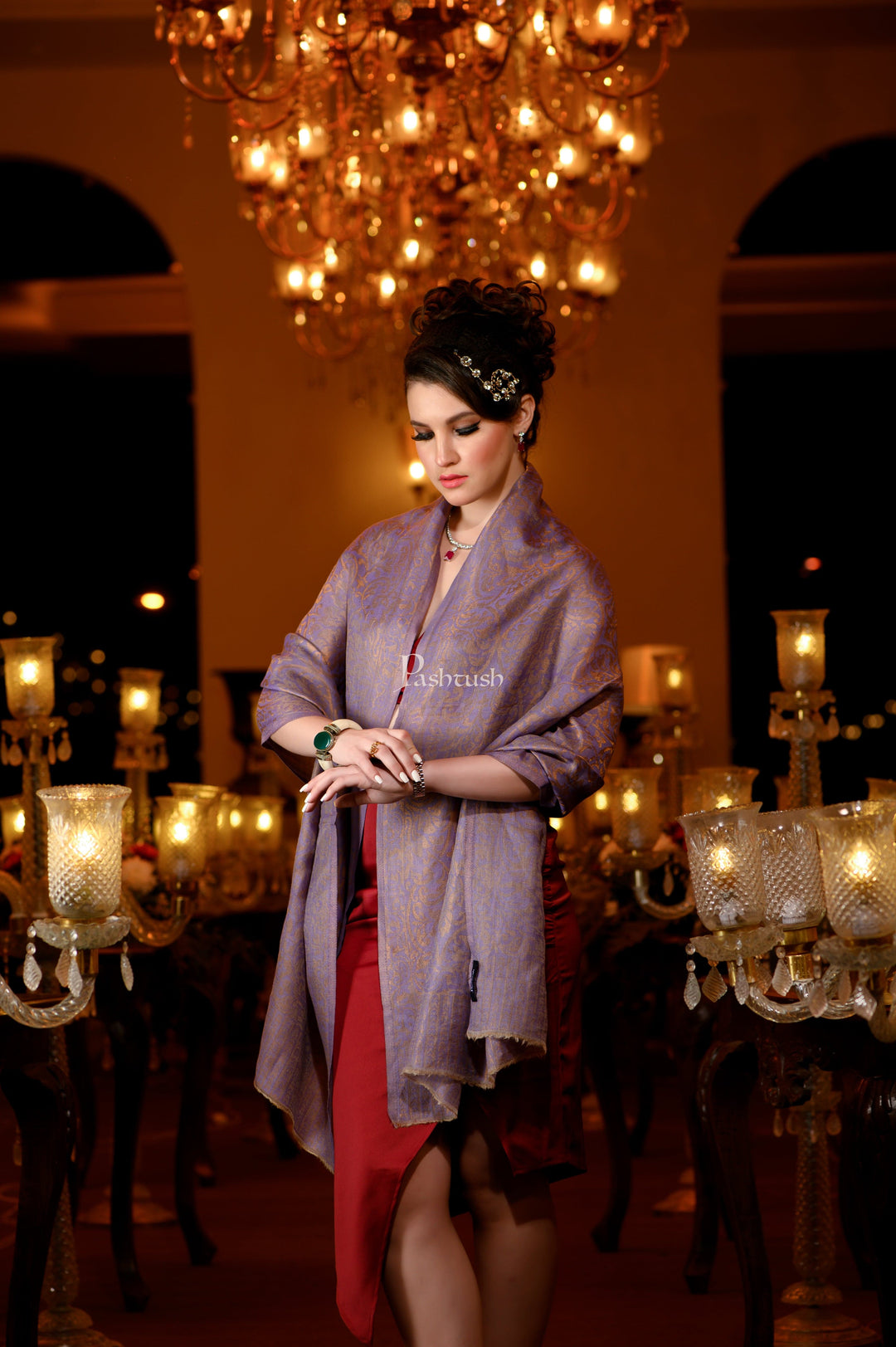 Pashtush India Womens Stoles and Scarves Scarf Pashtush Womens Extra Fine Wool twilight Stole With Zari Thread Weave, Grey