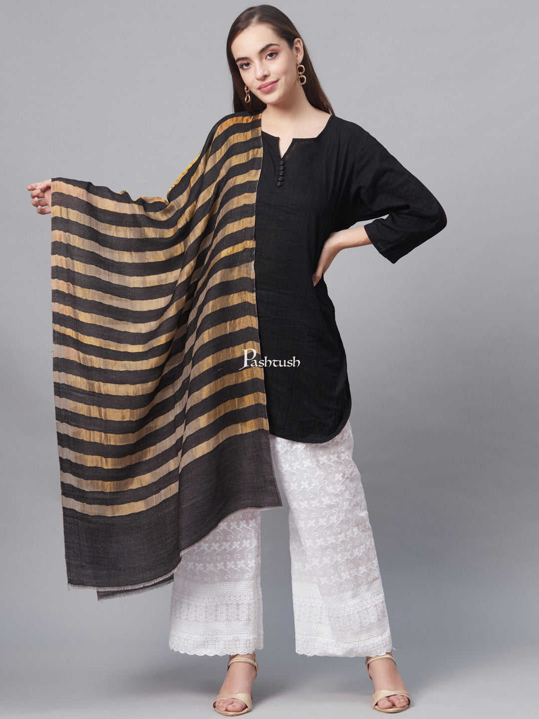 Pashtush India Womens Stoles and Scarves Scarf Pashtush Womens, Extra Fine Wool, Twilight Striped Scarf, With Shimmery Metallic Zari Thread Weave Black