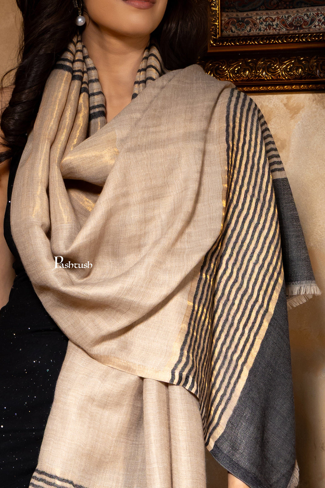 Pashtush India Womens Stoles and Scarves Scarf Pashtush Womens, Extra Fine Wool, Twilight Striped Scarf, With Shimmery Metallic Zari Weave, Beige