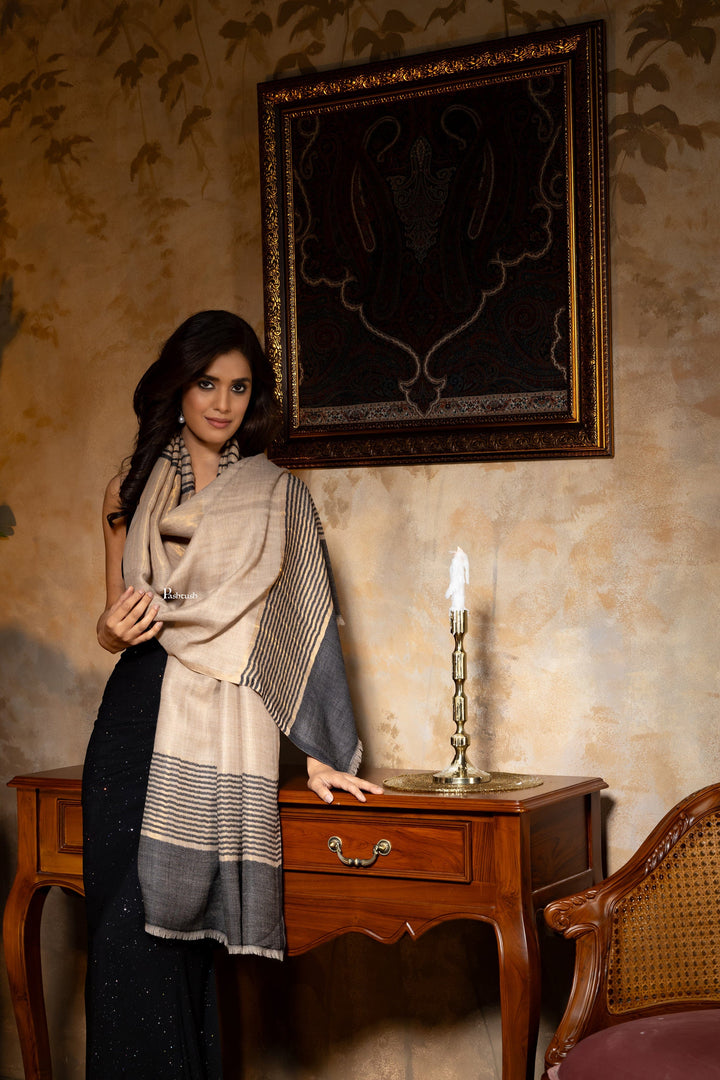 Pashtush India Womens Stoles and Scarves Scarf Pashtush Womens, Extra Fine Wool, Twilight Striped Scarf, With Shimmery Metallic Zari Weave, Beige