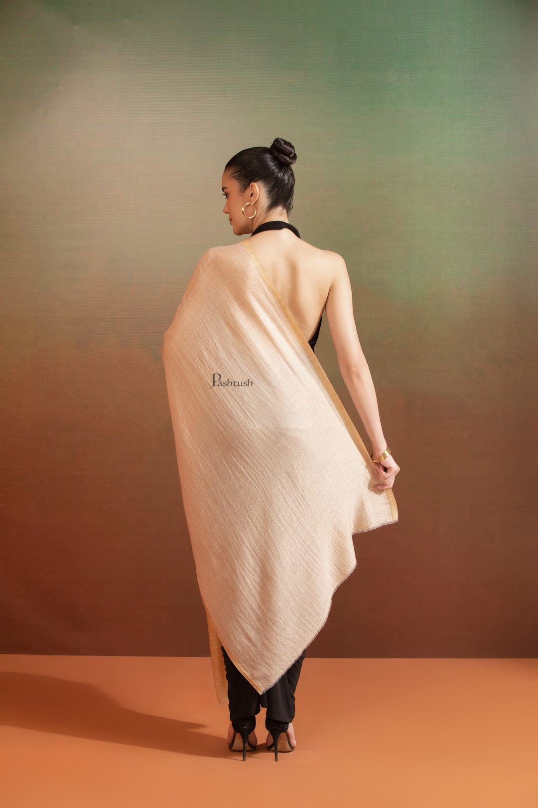 Pashtush India Womens Stoles and Scarves Scarf Pashtush Womens Extra Fine Wool with zari Stole, Design, Cream Gold
