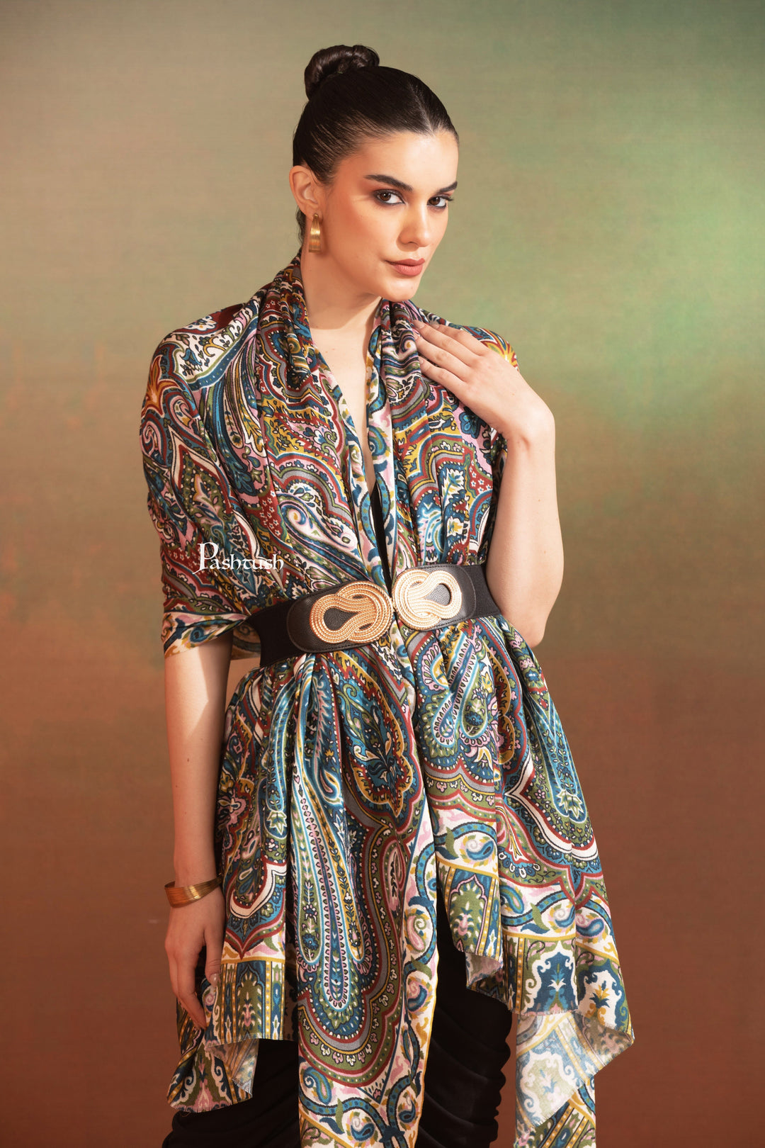 Pashtush India Womens Shawls Pashtush Womens Extra Soft Bamboo Shawl, Printed Paisley Design, Multicolour