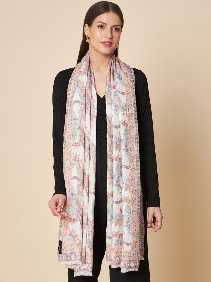 Pashtush India Womens Stoles and Scarves Scarf Pashtush Womens Extra Soft Bamboo Stole, Peruvian Paisleys Woven Design, Ivory