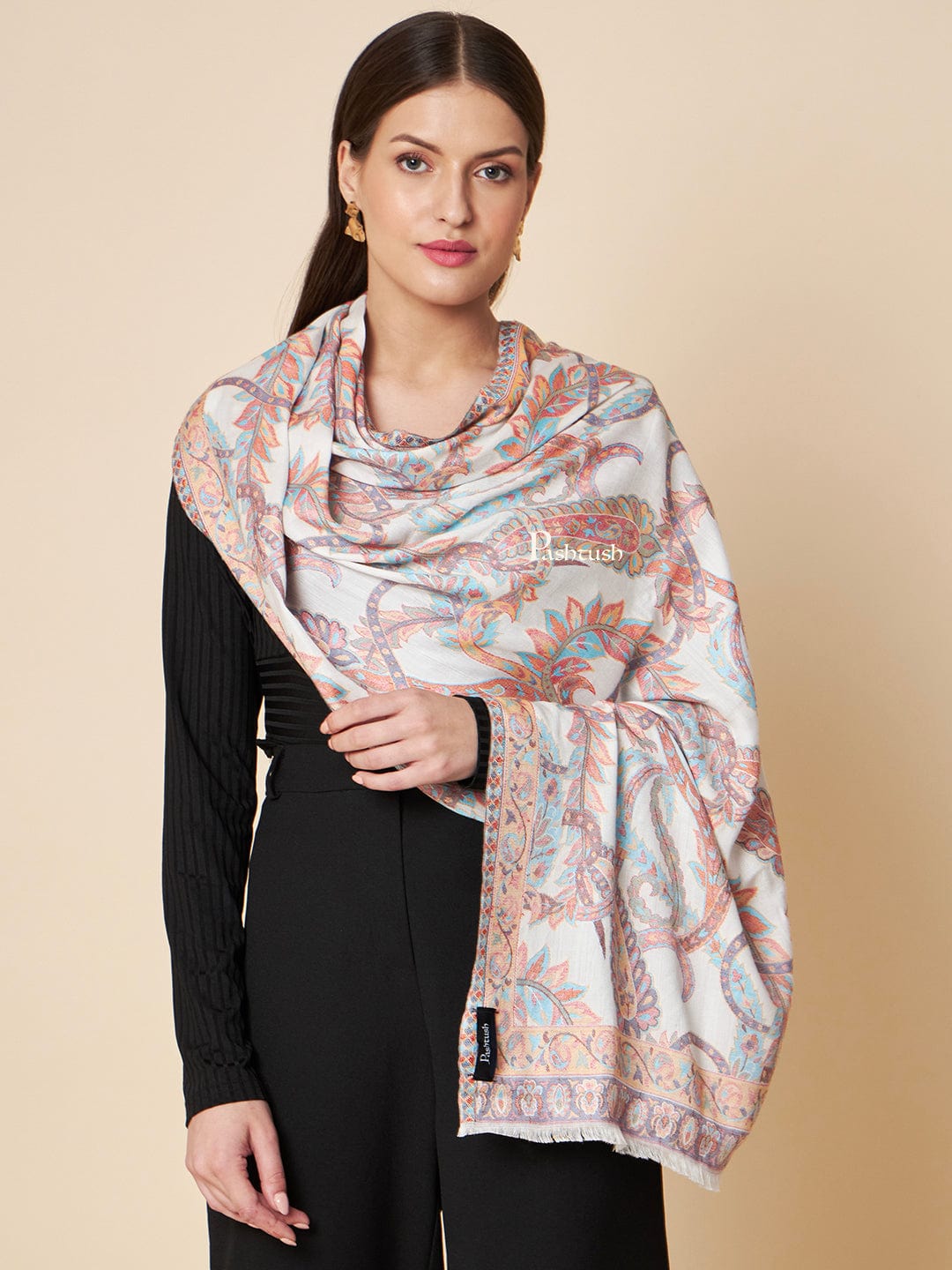 Pashtush India Womens Stoles and Scarves Scarf Pashtush Womens Extra Soft Bamboo Stole, Peruvian Paisleys Woven Design, Ivory