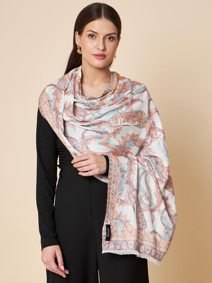 Pashtush India Womens Stoles and Scarves Scarf Pashtush Womens Extra Soft Bamboo Stole, Peruvian Paisleys Woven Design, Ivory