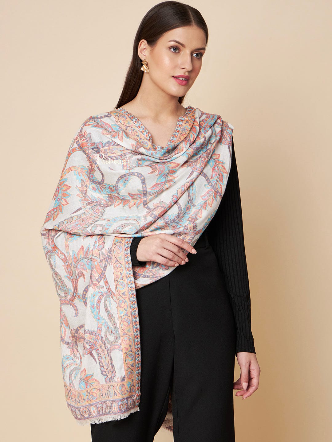 Pashtush India Womens Stoles and Scarves Scarf Pashtush Womens Extra Soft Bamboo Stole, Peruvian Paisleys Woven Design, Ivory