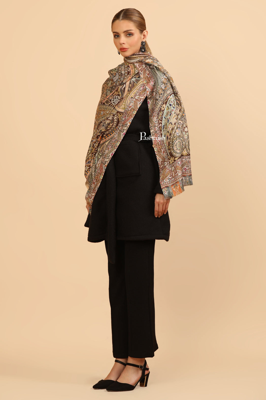 Pashtush India Womens Stoles and Scarves Scarf Pashtush Womens Extra Soft Bamboo Stole, Printed Design, Beige