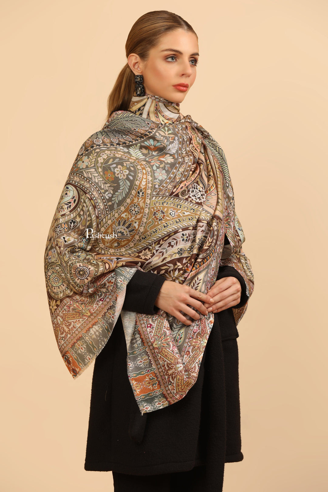 Pashtush India Womens Stoles and Scarves Scarf Pashtush Womens Extra Soft Bamboo Stole, Printed Design, Beige