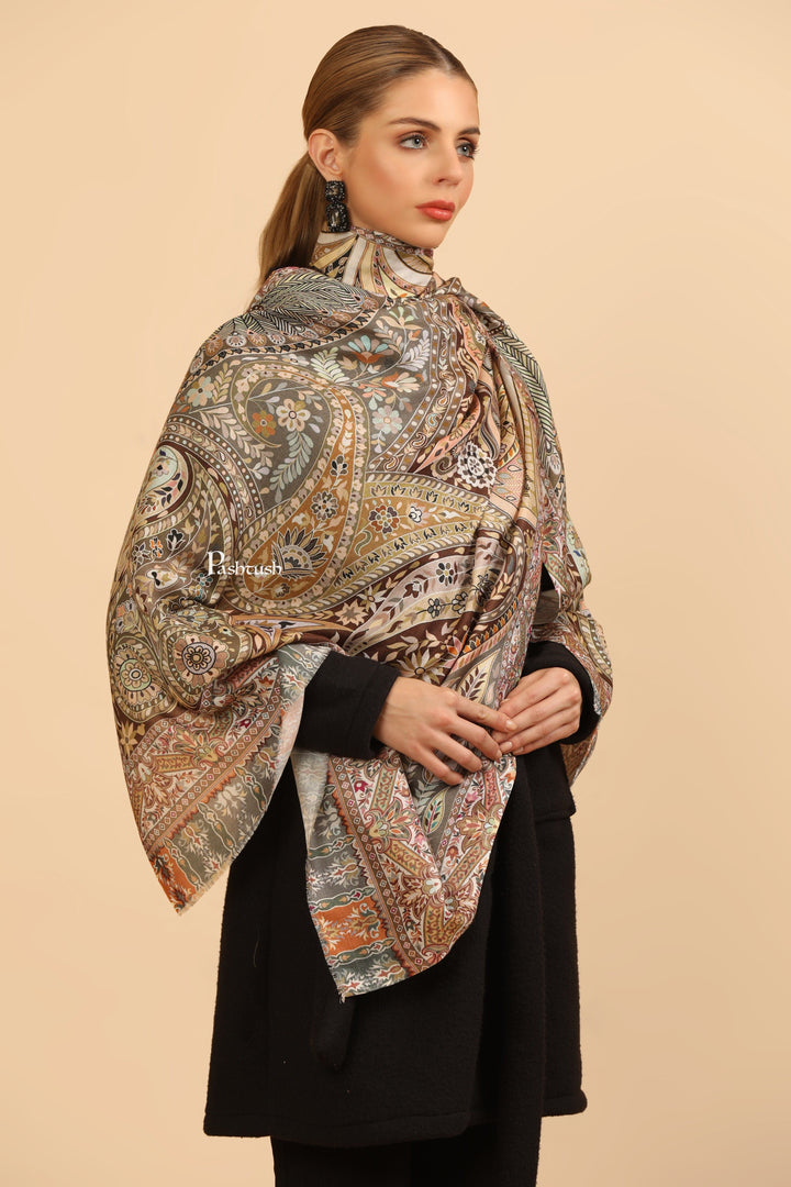 Pashtush India Womens Stoles and Scarves Scarf Pashtush Womens Extra Soft Bamboo Stole, Printed Design, Beige