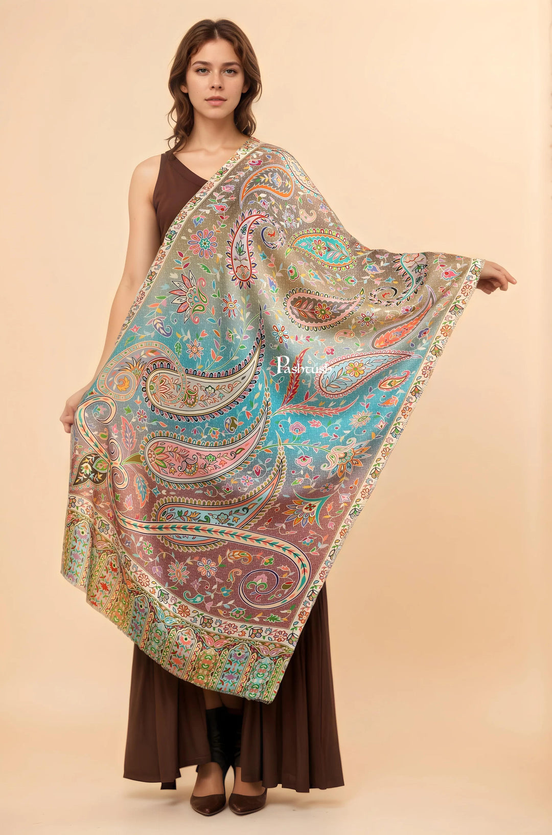 Pashtush India Womens Stoles Pashtush Womens Extra Soft Bamboo Stole, Printed Paisley Design, Multicolour