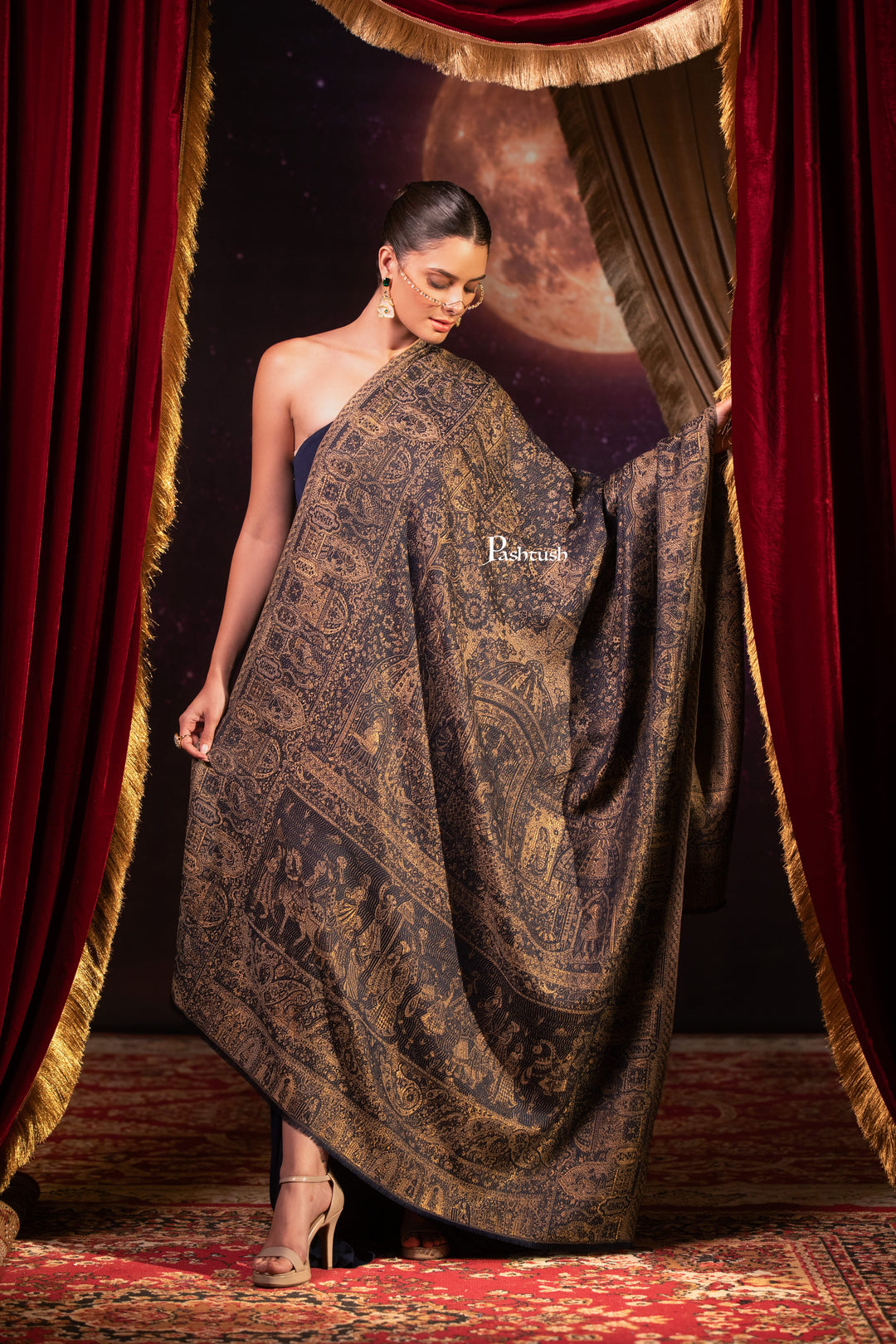 Pashtush India Womens Shawls Pashtush Womens Faux Pashmina Shawl, Darbar Design, Navy Blue