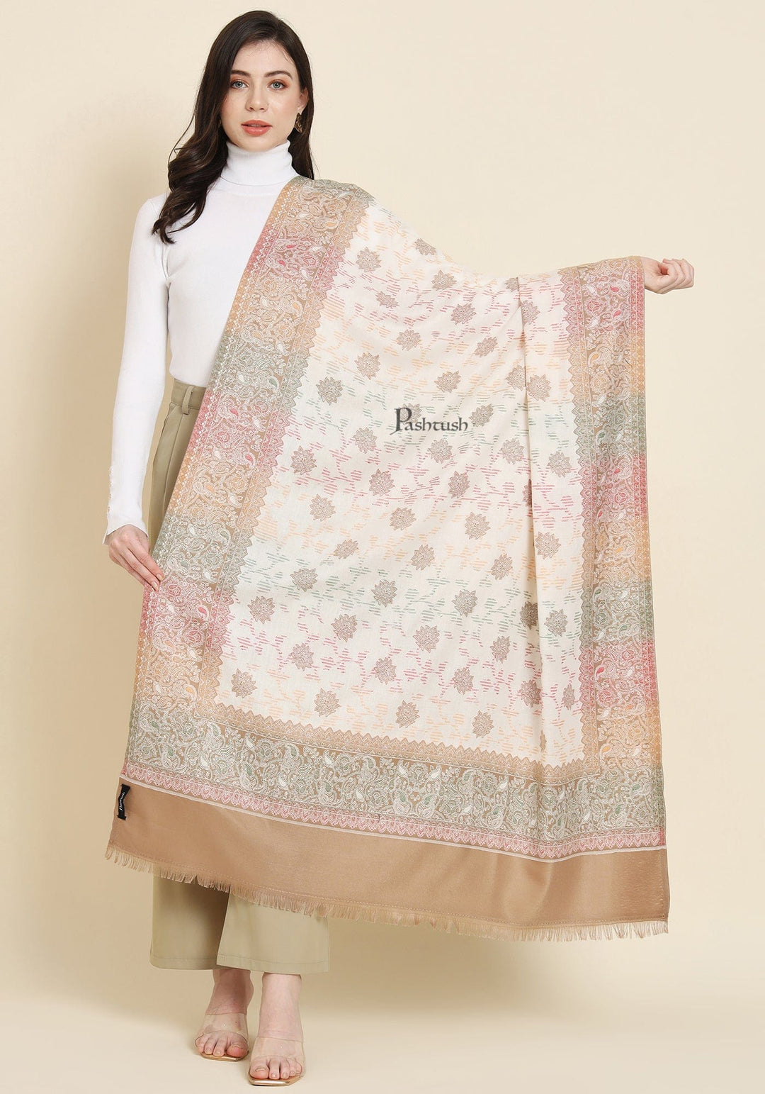 Pashtush India Womens Shawls Pashtush Womens Faux Pashmina Shawl,  Design, Ivory