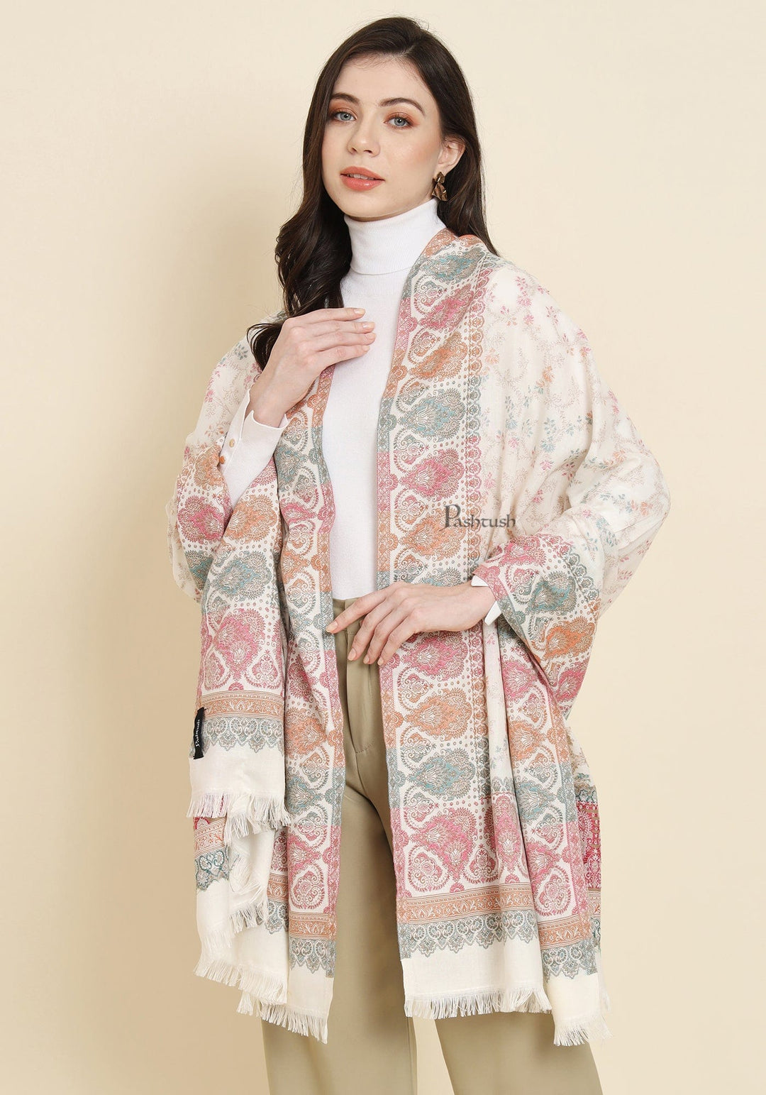 Pashtush India Womens Shawls Pashtush Womens Faux Pashmina Shawl,  Design, Ivory