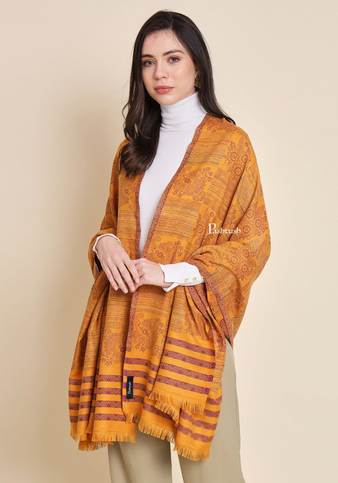 Pashtush India Womens Shawls Pashtush Womens Faux Pashmina Shawl, Design, Mustard