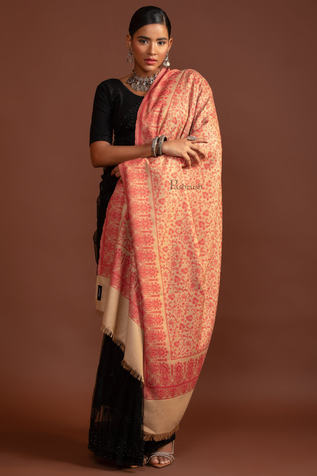 Pashtush India Womens Shawls Pashtush Womens Faux Pashmina Shawl, Ethnic  Weave Design, Beige And Red