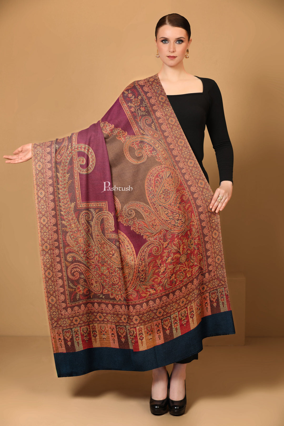 Pashtush India Womens Shawls Pashtush Womens Faux Pashmina Shawl, Ethnic  Weave Design, Black