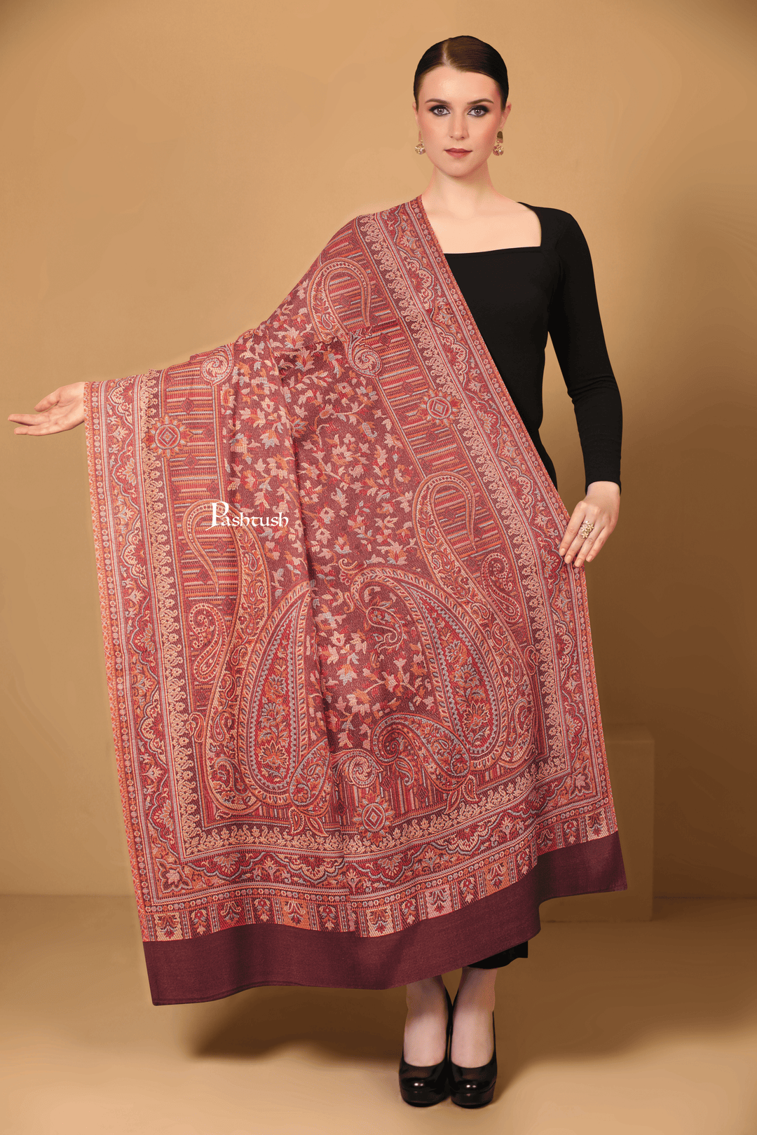 Pashtush India Womens Shawls Pashtush Womens Faux Pashmina Shawl, Ethnic Weave Design, Brown