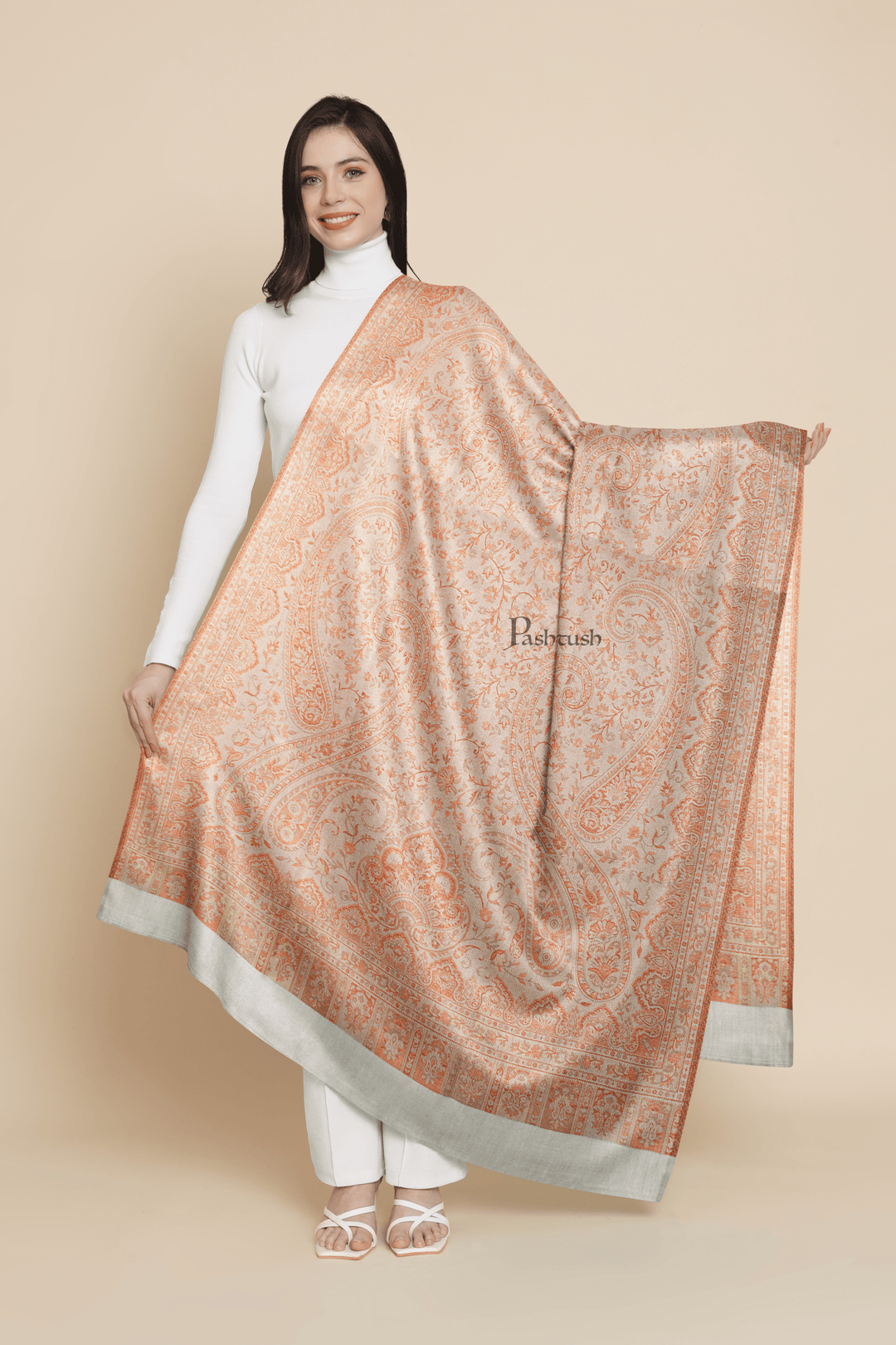 Pashtush India Womens Shawls Pashtush Womens Faux Pashmina Shawl, Ethnic Weave Design, Ivory