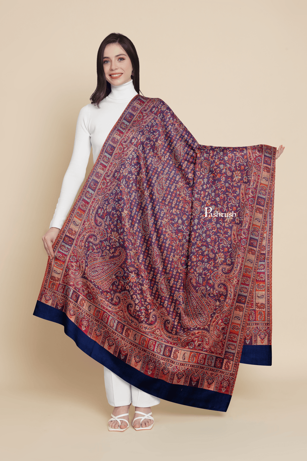 Pashtush India Womens Shawls Pashtush Womens Faux Pashmina Shawl, Ethnic Weave Design, Navy Blue