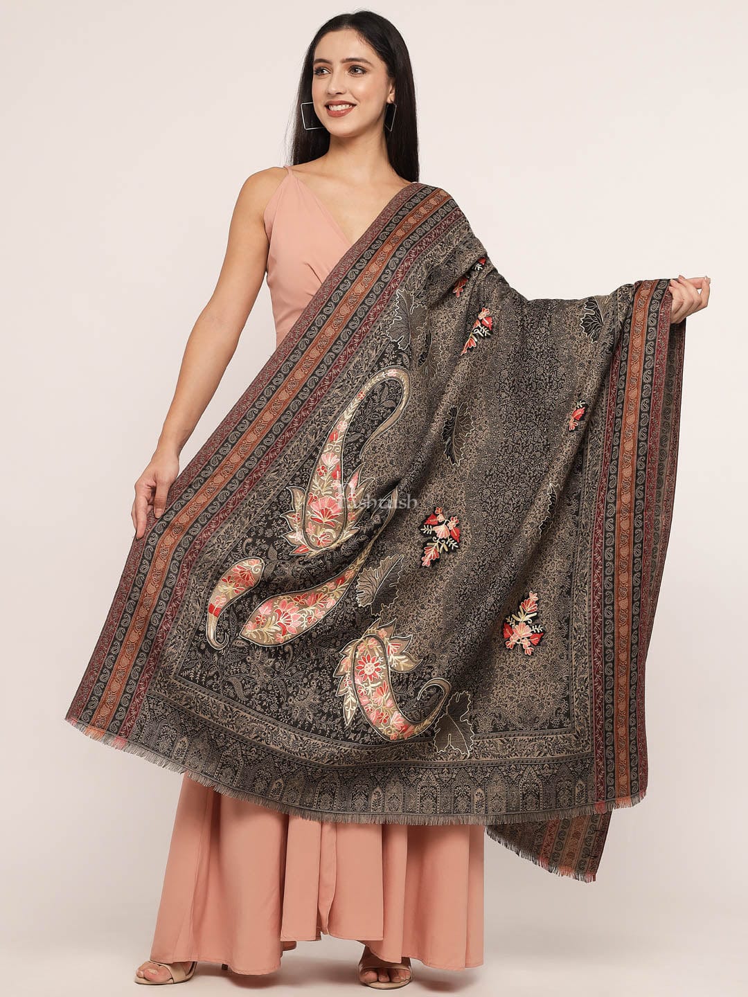 Pashtush India Womens Shawls Pashtush womens Faux Pashmina shawl, jamawar aari design, Grey