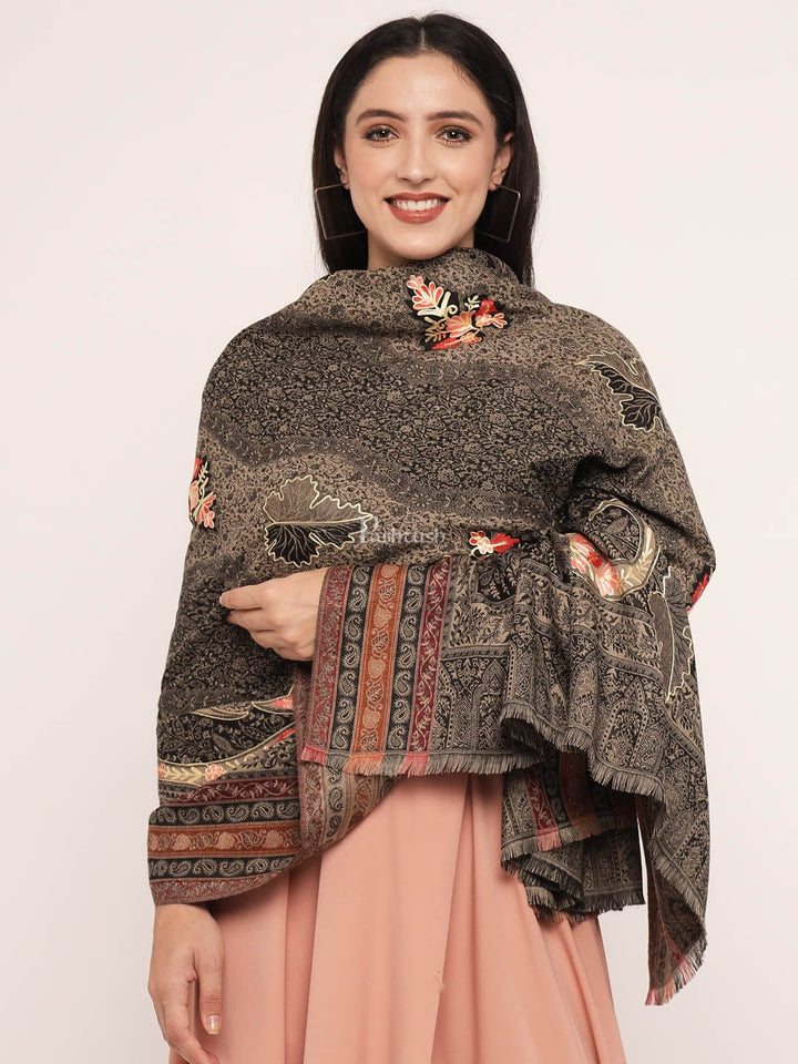 Pashtush India Womens Shawls Pashtush womens Faux Pashmina shawl, jamawar aari design, Grey