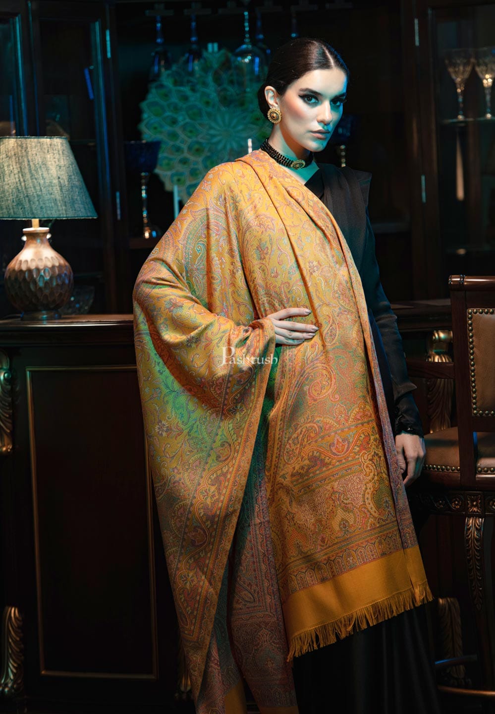 Pashtush India Womens Shawls Pashtush womens Faux Pashmina shawl, Jamawar design, Mustard