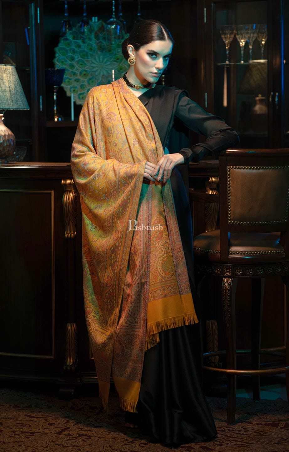 Pashtush India Womens Shawls Pashtush womens Faux Pashmina shawl, Jamawar design, Mustard