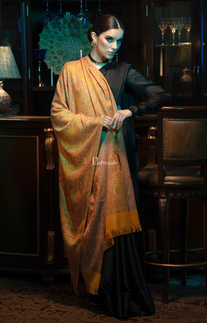 Pashtush India Womens Shawls Pashtush womens Faux Pashmina shawl, Jamawar design, Mustard