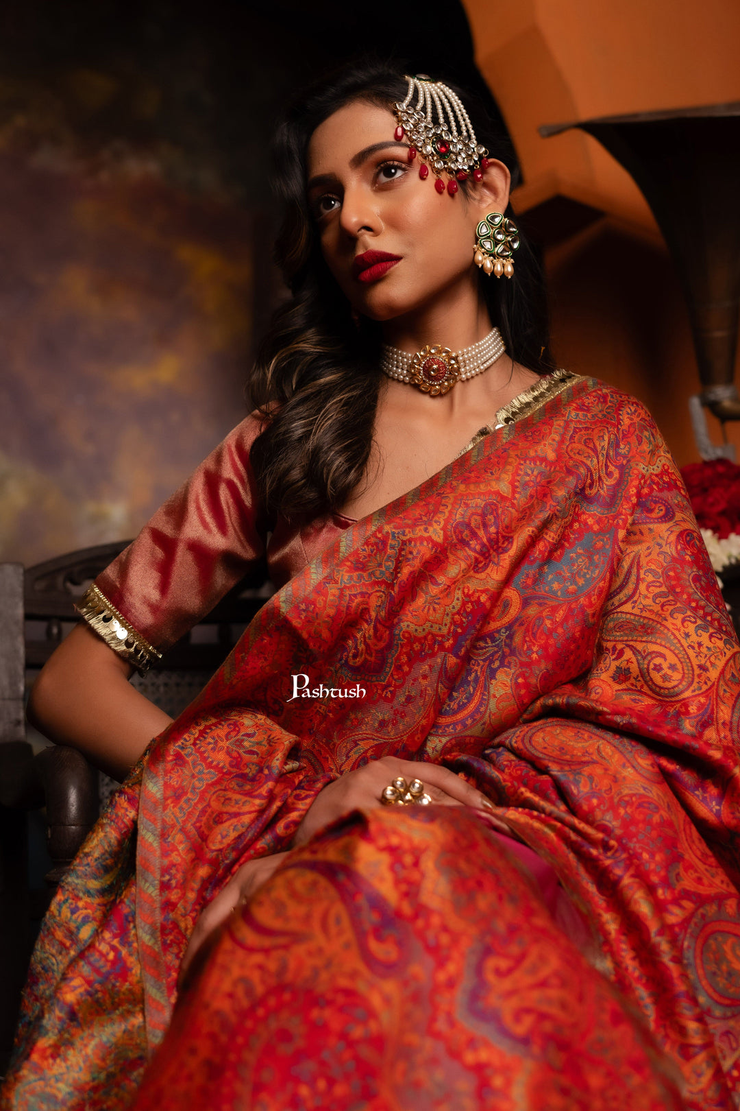 Pashtush India Womens Shawls Pashtush Womens Faux Pashmina Shawl, Pailsey Weave Design, Red