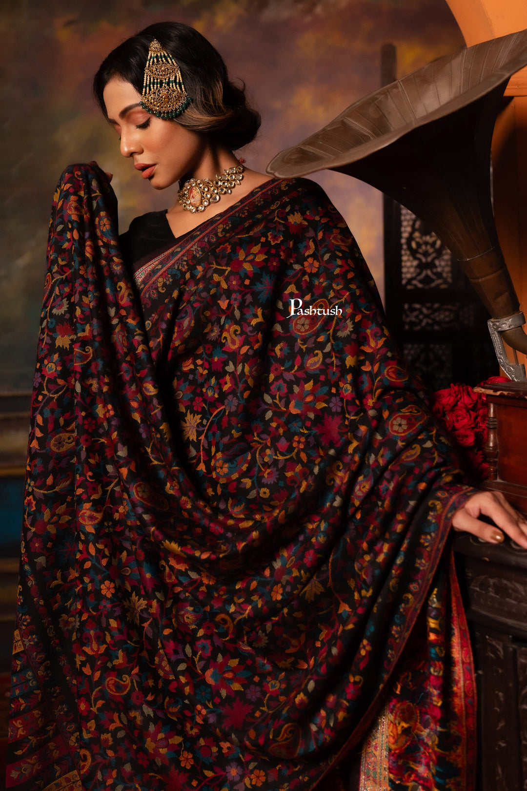 Pashtush India Womens Shawls Pashtush Womens Faux Pashmina Shawl, Paisley Design, Black