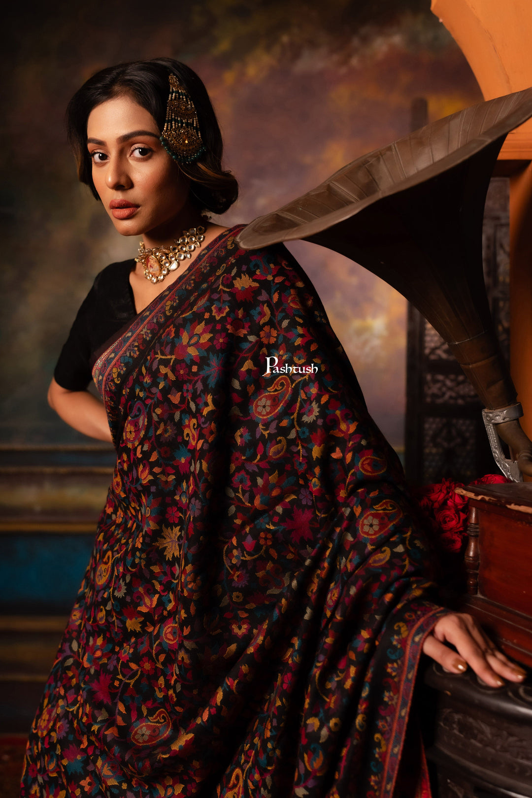 Pashtush India Womens Shawls Pashtush Womens Faux Pashmina Shawl, Paisley Design, Black