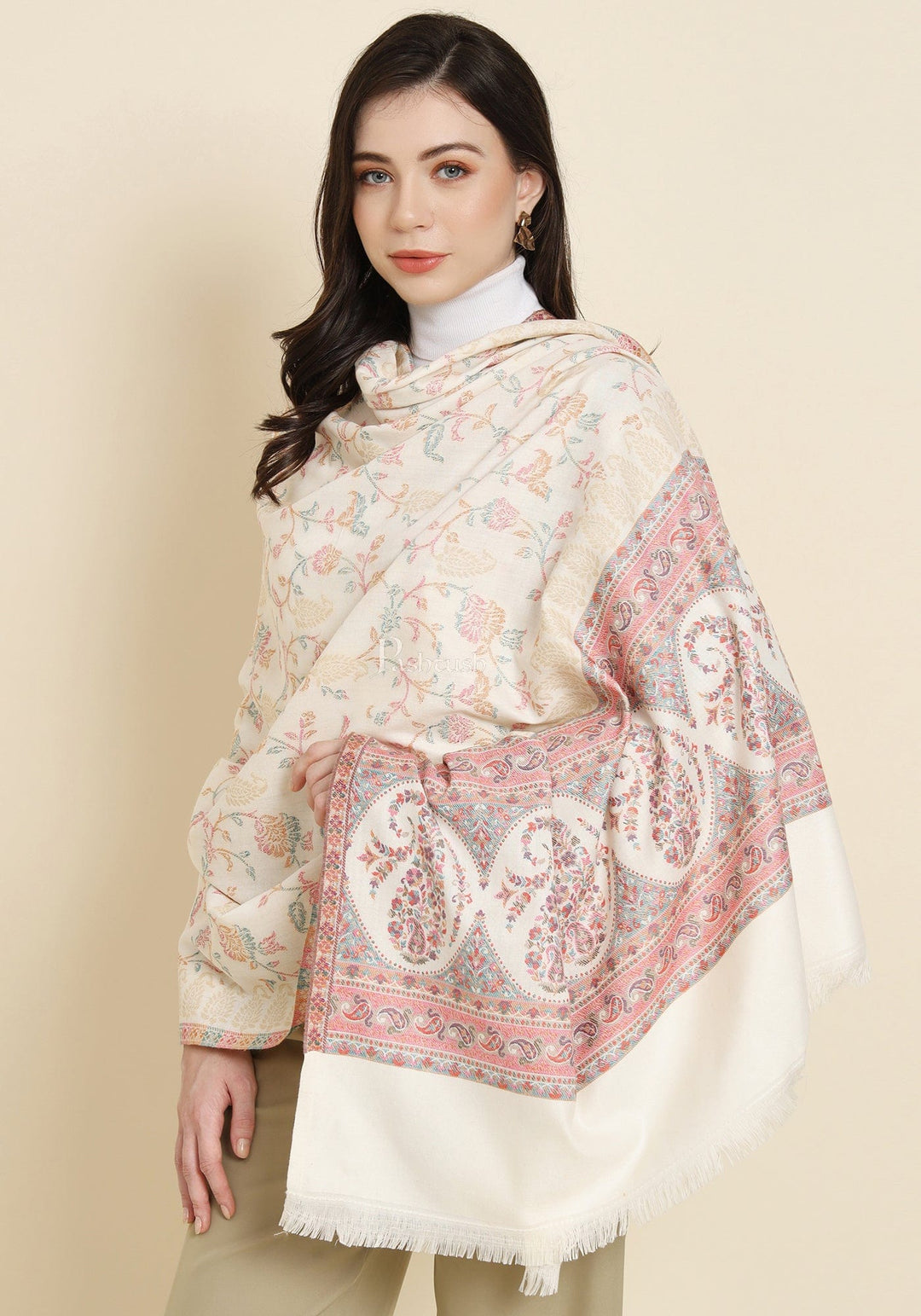 Pashtush India Womens Shawls Pashtush Womens Faux Pashmina Shawl, Paisley Weave With Zari Design, Ivory
