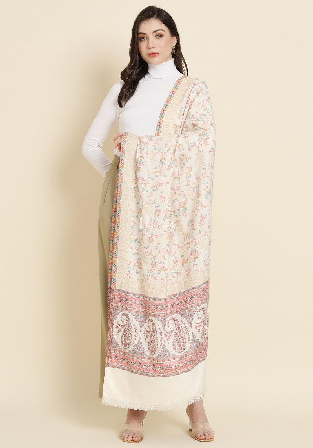 Pashtush India Womens Shawls Pashtush Womens Faux Pashmina Shawl, Paisley Weave With Zari Design, Ivory
