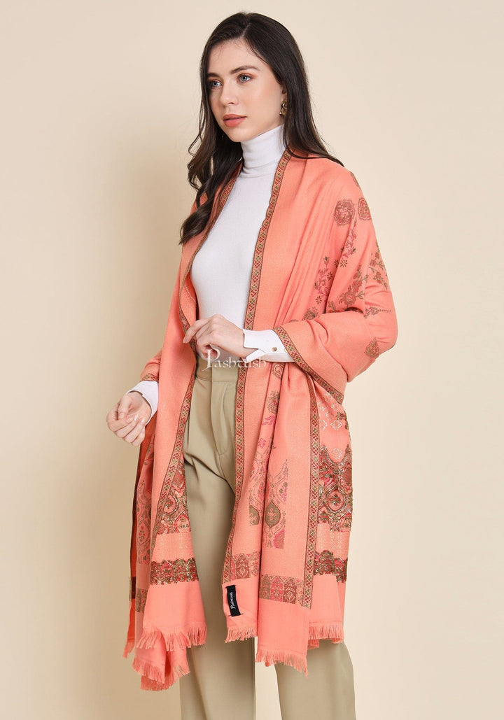 Pashtush India Womens Shawls Pashtush Womens Faux Pashmina Shawl, Paisley Weave Zari Design, Peach