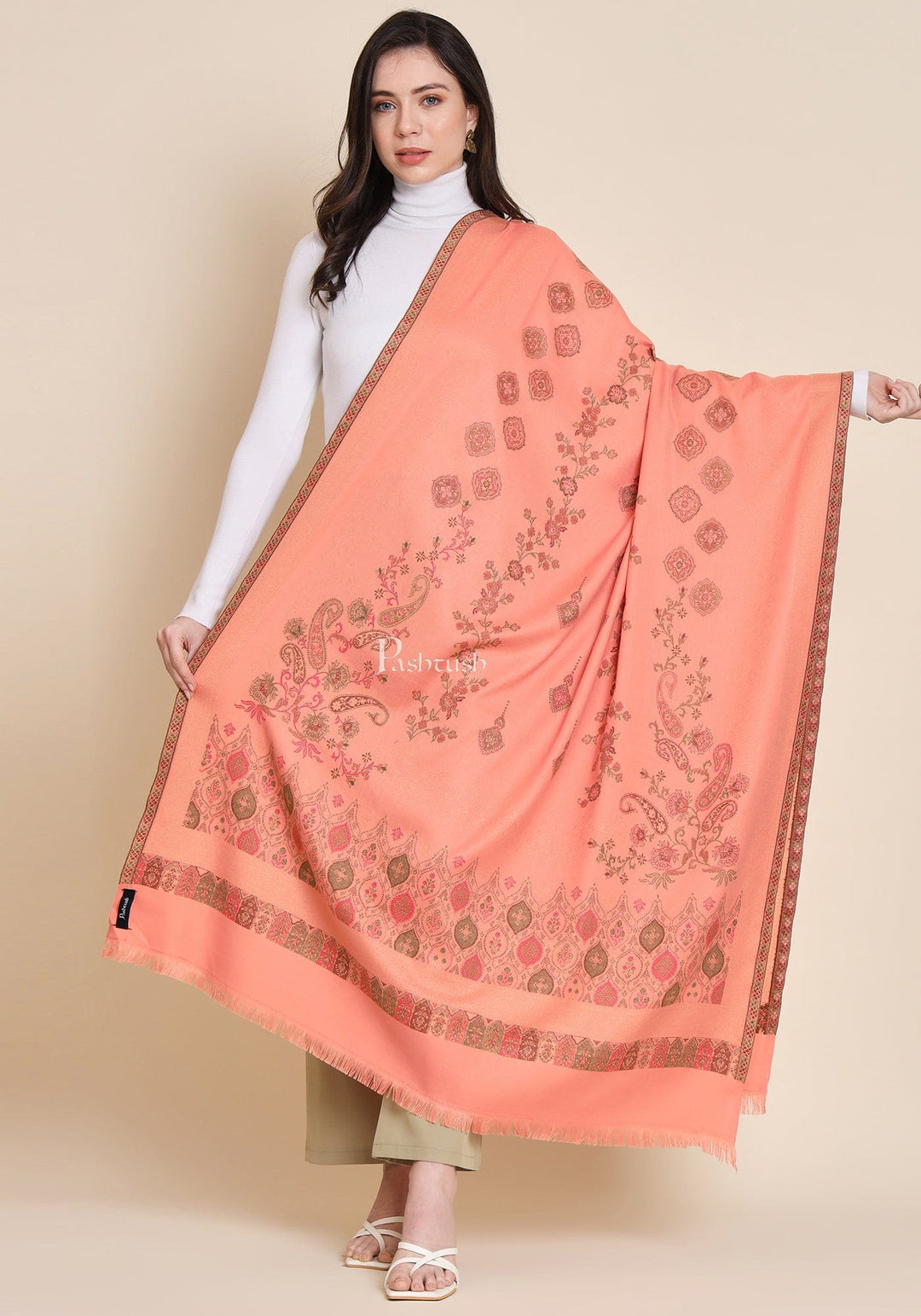 Pashtush India Womens Shawls Pashtush Womens Faux Pashmina Shawl, Paisley Weave Zari Design, Peach