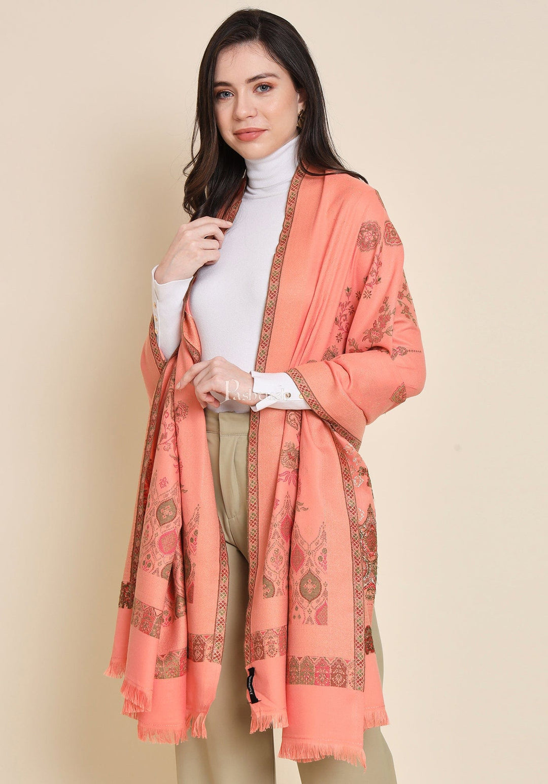 Pashtush India Womens Shawls Pashtush Womens Faux Pashmina Shawl, Paisley Weave Zari Design, Peach