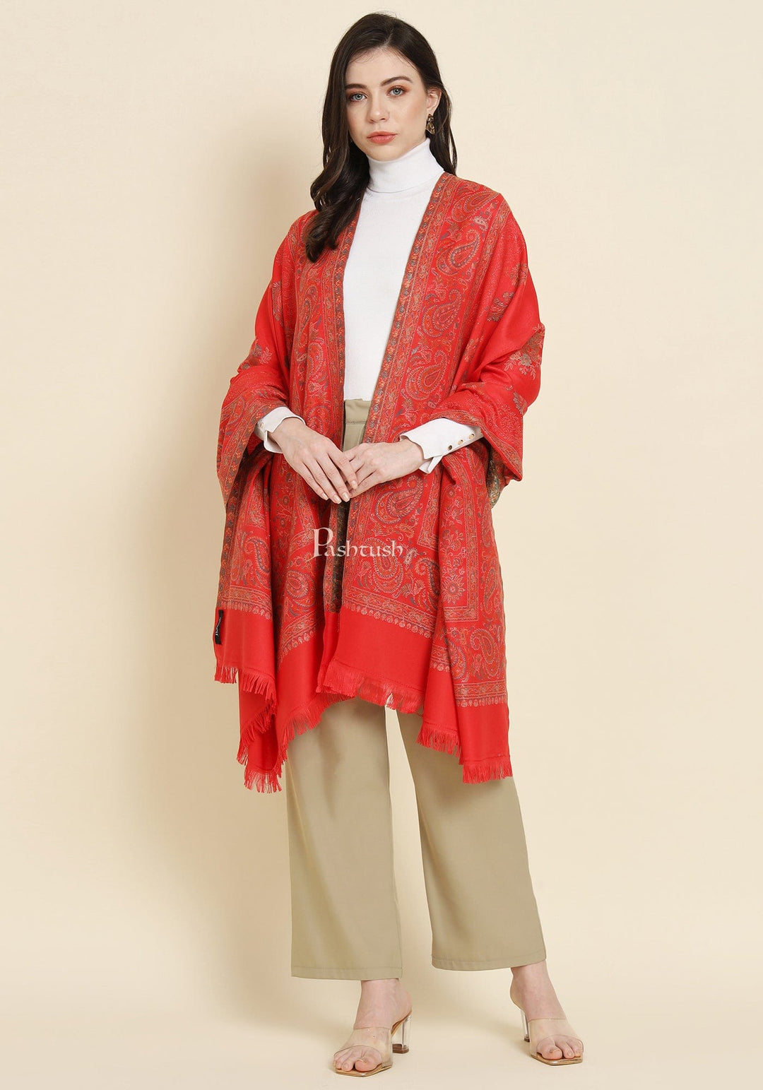 Pashtush India Womens Shawls Pashtush Womens Faux Pashmina Shawl, Paisley Weave Zari Design, Red