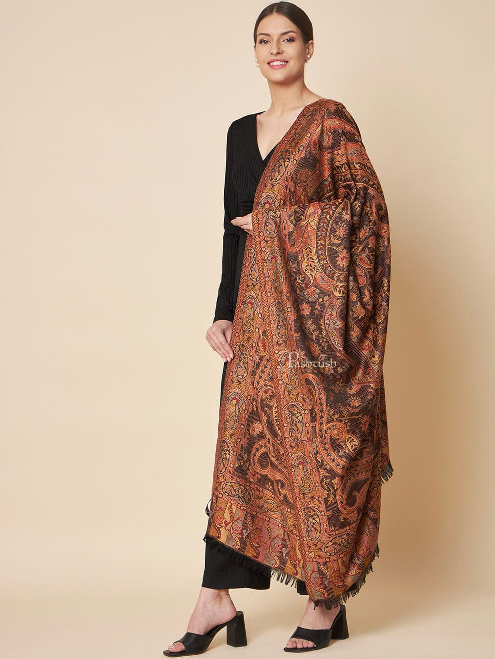 Pashtush India Womens Shawls Pashtush Womens Faux Pashmina Shawl, Rich Jamawar Paisely Design, Black