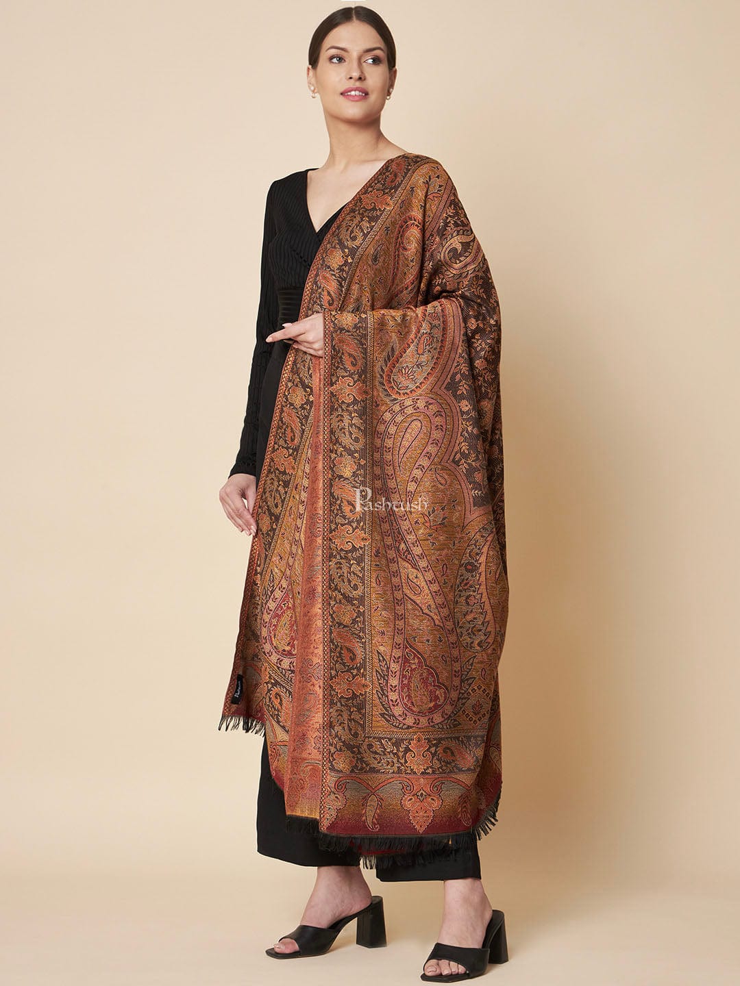Pashtush India Womens Shawls Pashtush Womens Faux Pashmina Shawl, Soft Jamawar Design, Espresso Brown