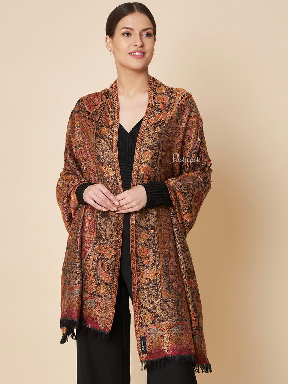 Pashtush India Womens Shawls Pashtush Womens Faux Pashmina Shawl, Soft Jamawar Design, Espresso Brown