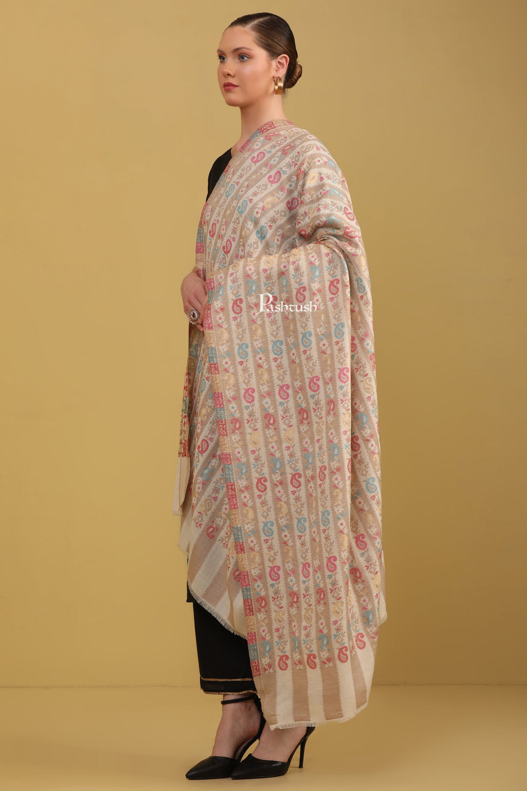 Pashtush India Womens Shawls Pashtush Womens Faux Pashmina Shawl, Stripe Weave With Zari Design, Ivory