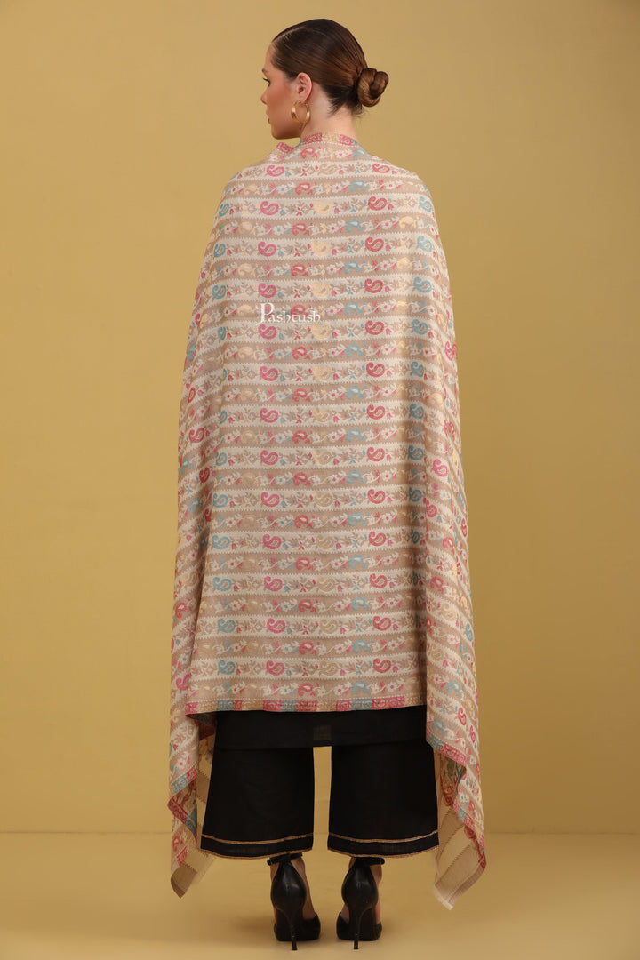 Pashtush India Womens Shawls Pashtush Womens Faux Pashmina Shawl, Stripe Weave With Zari Design, Ivory