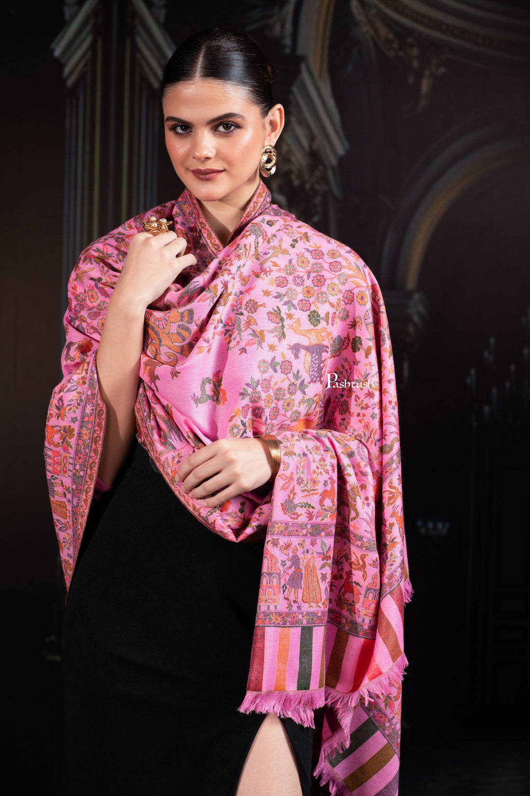 Pashtush India Womens Shawls Pashtush Womens Faux Pashmina Shawl, Woven Bagh Design, Light Pink