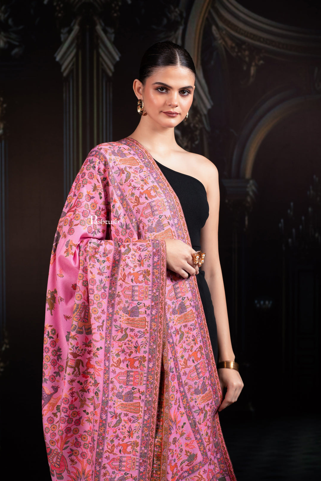 Pashtush India Womens Shawls Pashtush Womens Faux Pashmina Shawl, Woven Bagh Design, Light Pink