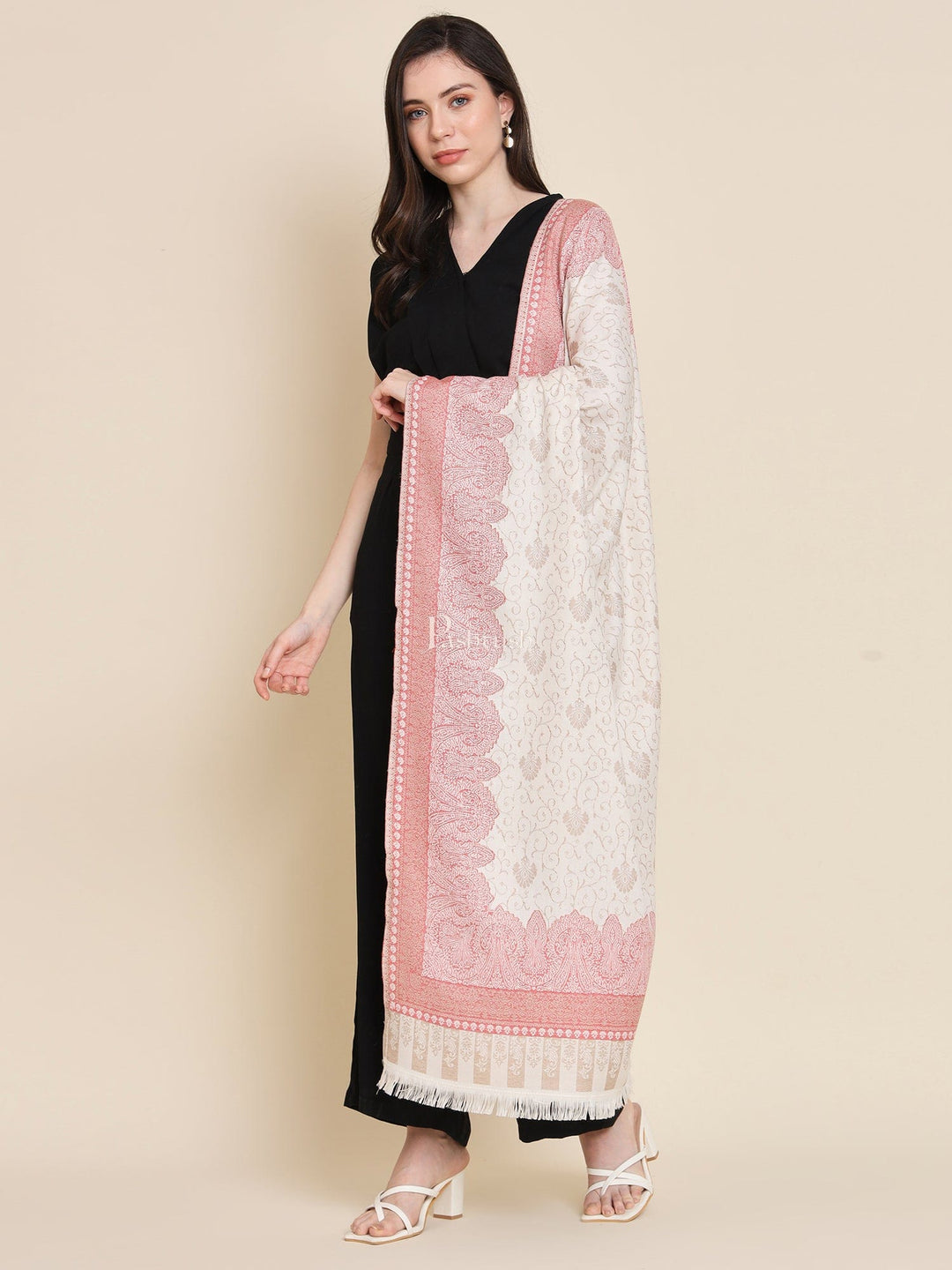Pashtush India Womens Shawls Pashtush Womens Faux Pashmina Shawl, Woven Floral Design, Beige