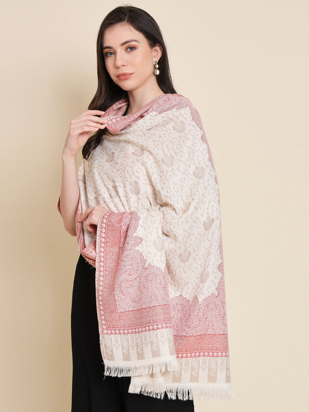 Pashtush India Womens Shawls Pashtush Womens Faux Pashmina Shawl, Woven Floral Design, Beige