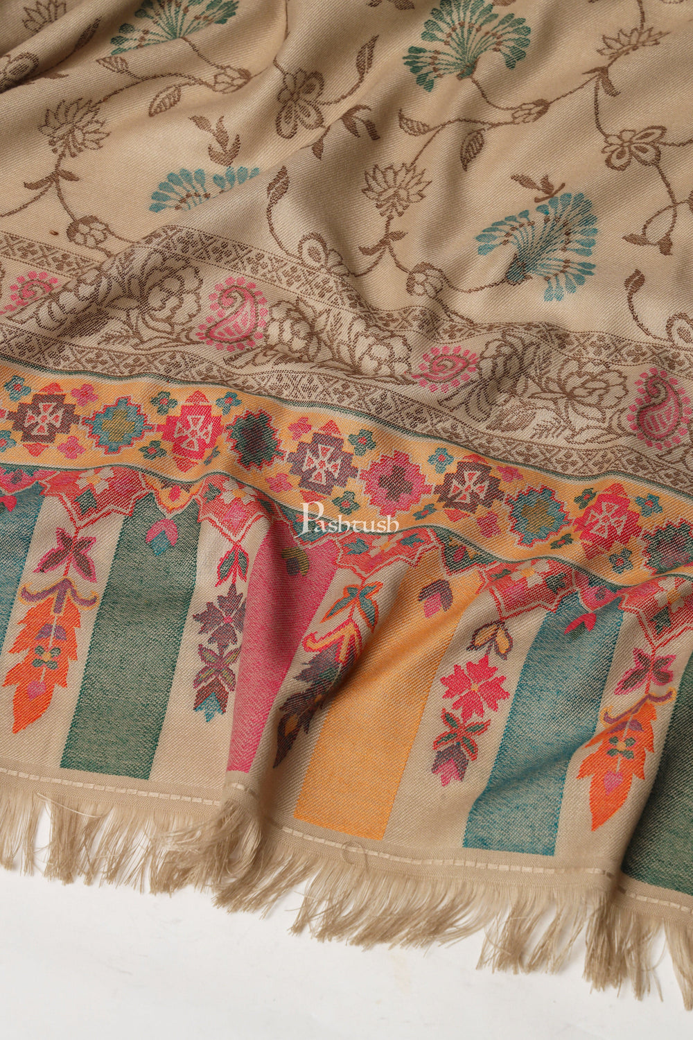 Pashtush India Womens Shawls Pashtush Womens Faux Pashmina Shawl, Woven Floral Design, Beige